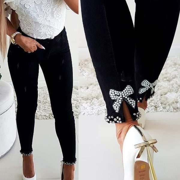 Slim Jeans Women Butterfly Sticky Flower Beaded Split Trousers - Image 3