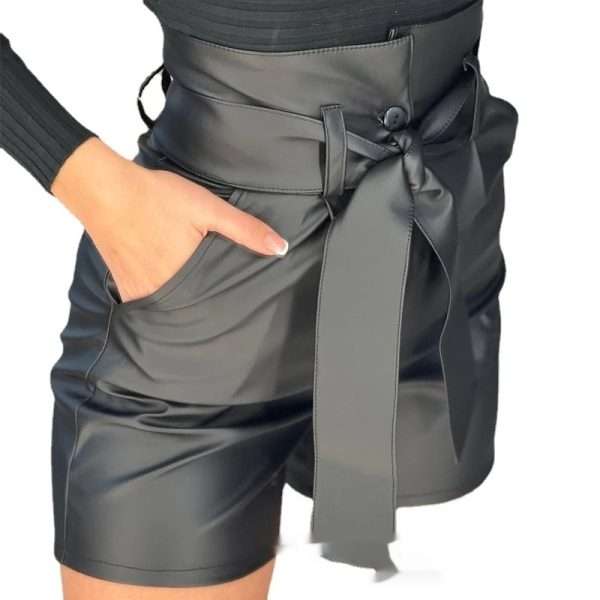 High Waist Black Strap Slim Fit Pu Shorts Belted - Image 6