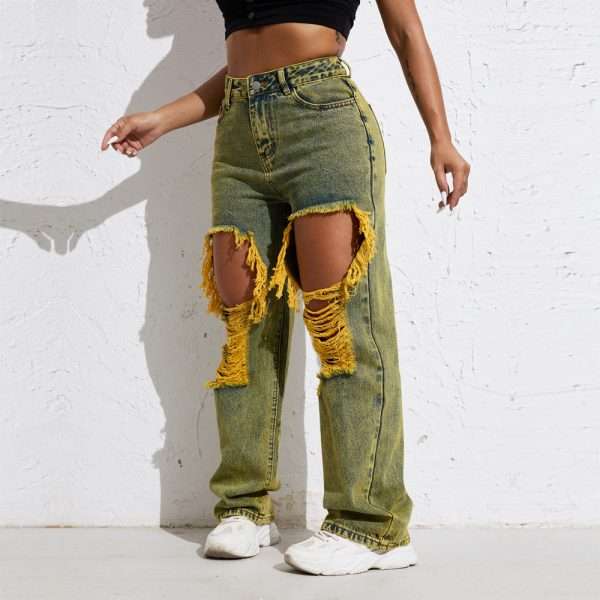 Shascullfites Melody Yellow Wash Streetwear Split Loose Straight Jeans Y2K Ripped Retro Women Denim Pants - Image 2