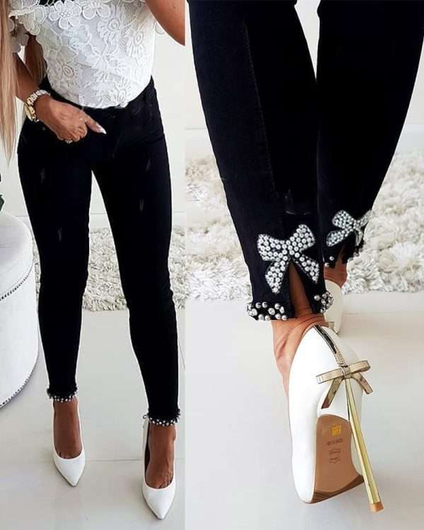 Slim Jeans Women Butterfly Sticky Flower Beaded Split Trousers - Image 2