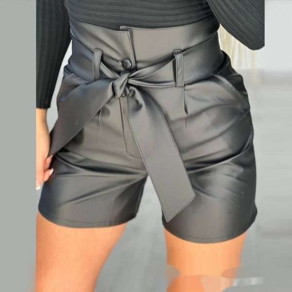 High Waist Black Strap Slim Fit Pu Shorts Belted - Image 3