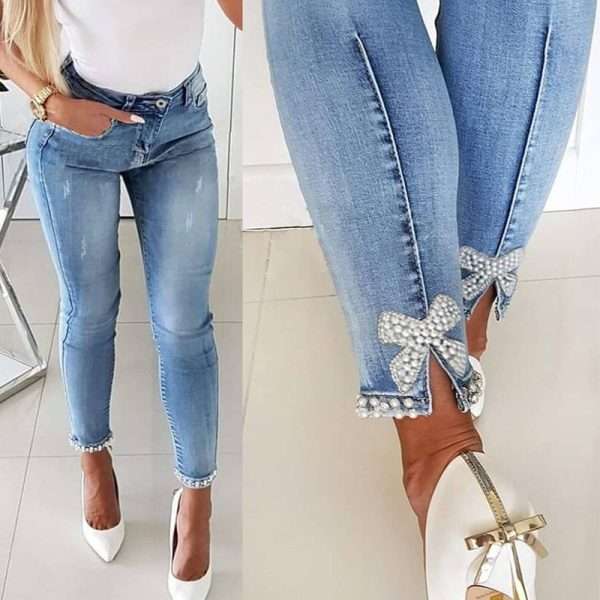 Slim Jeans Women Butterfly Sticky Flower Beaded Split Trousers - Image 8