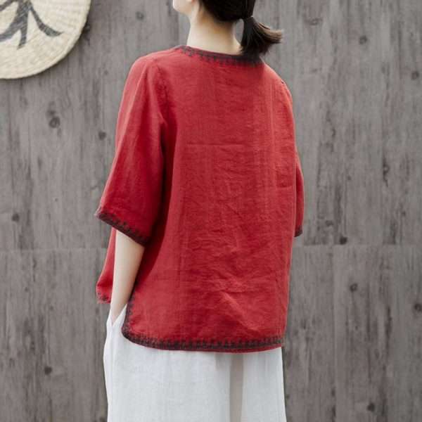 Artistic Retro Cotton And Linen Solid Color Embroidered Crew Neck Half Sleeve - Image 2