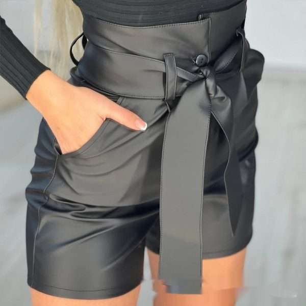 High Waist Black Strap Slim Fit Pu Shorts Belted - Image 4