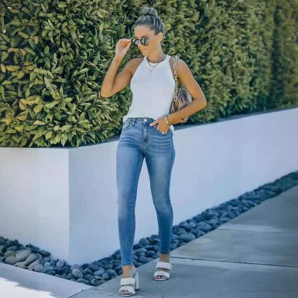 Light Blue Elastic Denim Skinny Pants - Image 2