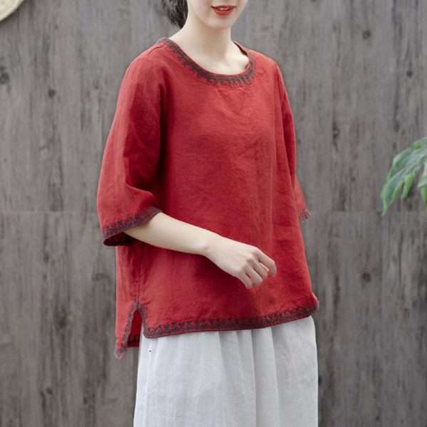 Artistic Retro Cotton And Linen Solid Color Embroidered Crew Neck Half Sleeve - Image 5