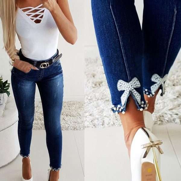 Slim Jeans Women Butterfly Sticky Flower Beaded Split Trousers - Image 4