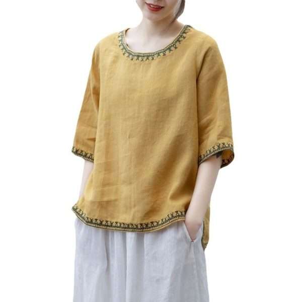 Artistic Retro Cotton And Linen Solid Color Embroidered Crew Neck Half Sleeve - Image 4