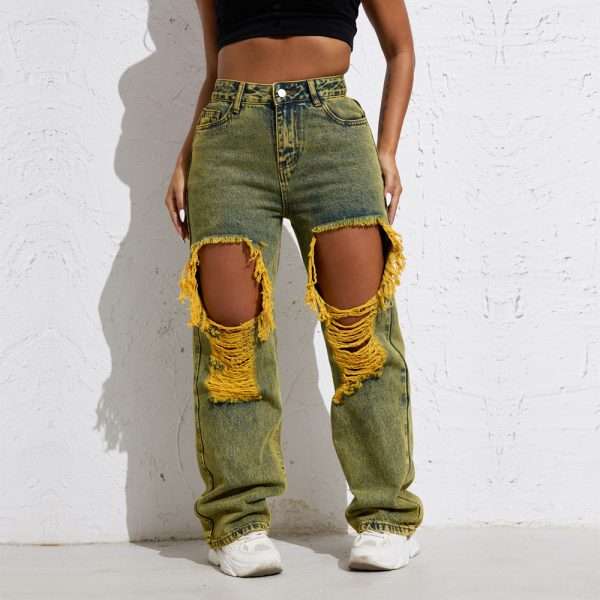 Shascullfites Melody Yellow Wash Streetwear Split Loose Straight Jeans Y2K Ripped Retro Women Denim Pants - Image 5