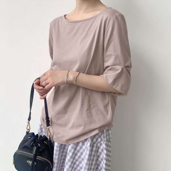 Leisure Artistic Versatile Loose Striped Solid Color Half Sleeve T-shirt - Image 5