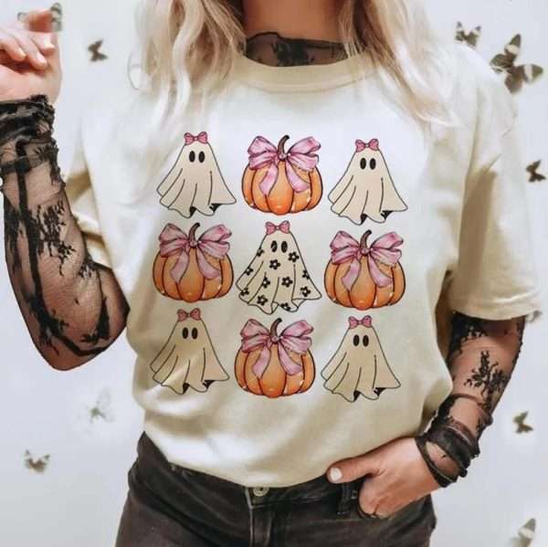 Halloween Pumpkin Bow Fashion Style O-neck Trendy T-shirt - Image 2