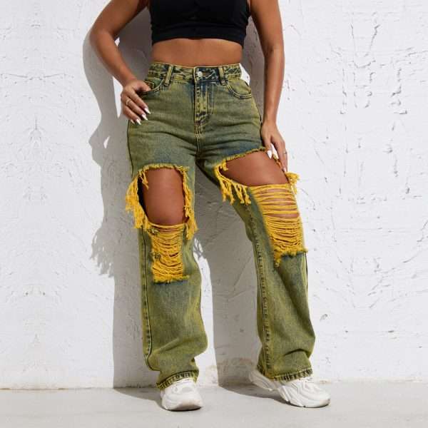 Shascullfites Melody Yellow Wash Streetwear Split Loose Straight Jeans Y2K Ripped Retro Women Denim Pants - Image 3