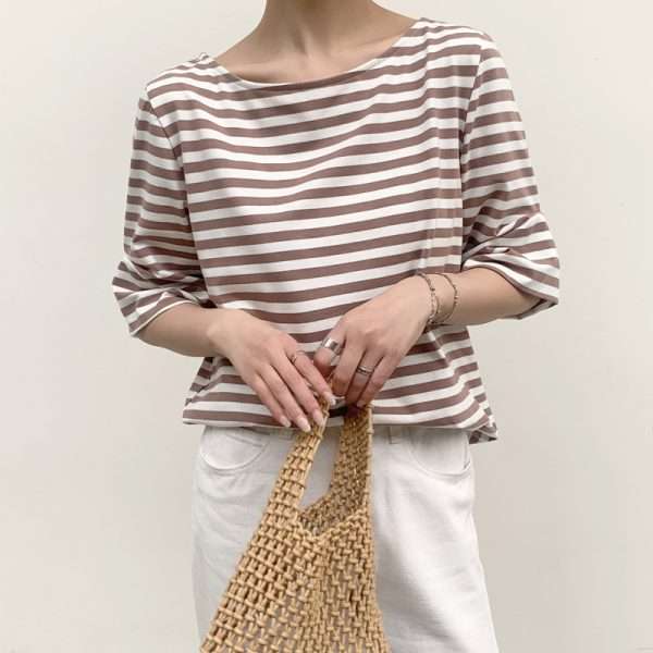 Leisure Artistic Versatile Loose Striped Solid Color Half Sleeve T-shirt - Image 2