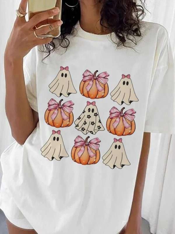 Halloween Pumpkin Bow Fashion Style O-neck Trendy T-shirt - Image 4