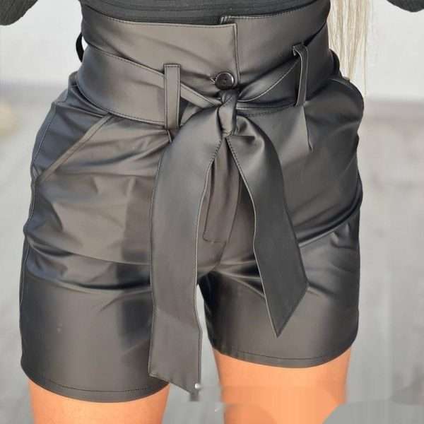 High Waist Black Strap Slim Fit Pu Shorts Belted - Image 5