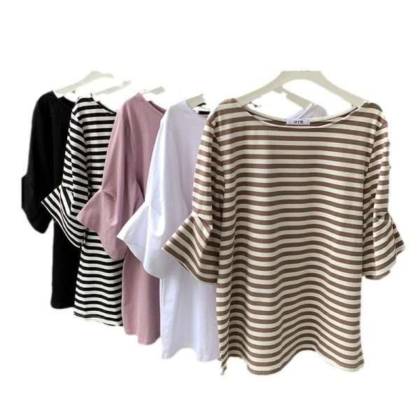 Leisure Artistic Versatile Loose Striped Solid Color Half Sleeve T-shirt - Image 4