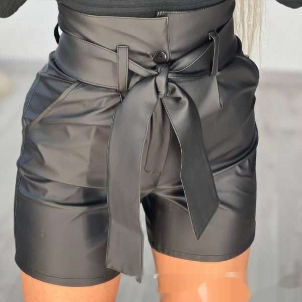 High Waist Black Strap Slim Fit Pu Shorts Belted - Image 2