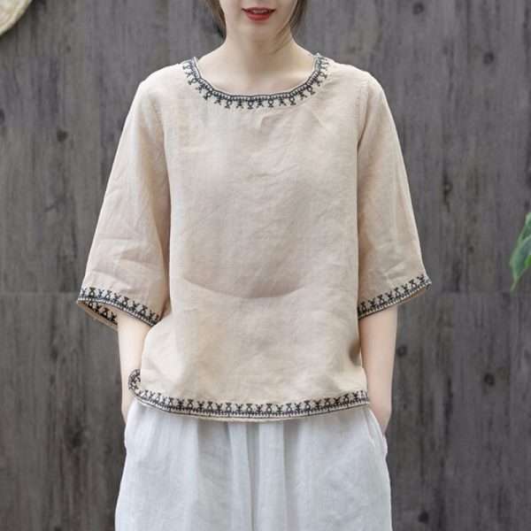 Artistic Retro Cotton And Linen Solid Color Embroidered Crew Neck Half Sleeve - Image 3