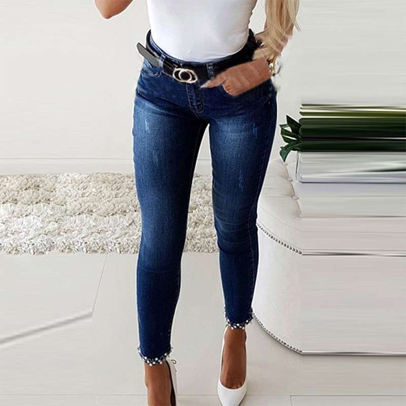 Slim Jeans Women Butterfly Sticky Flower Beaded Split Trousers