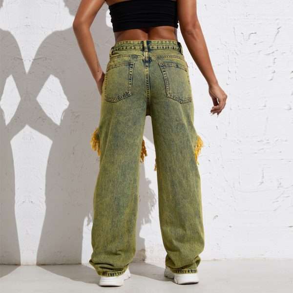 Shascullfites Melody Yellow Wash Streetwear Split Loose Straight Jeans Y2K Ripped Retro Women Denim Pants - Image 6