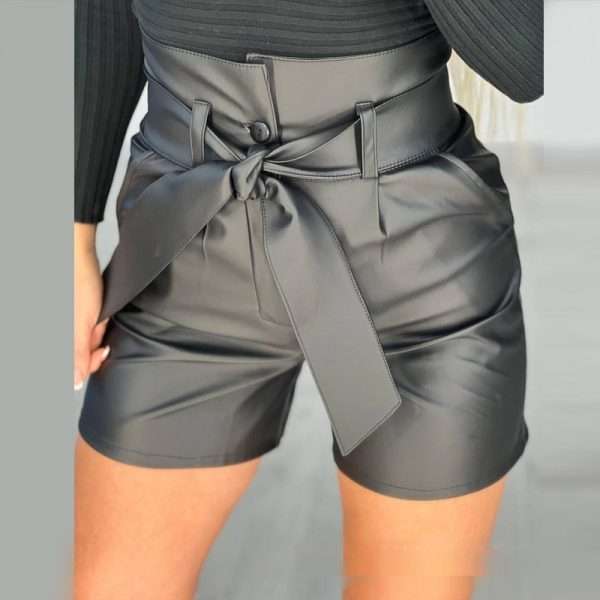 High Waist Black Strap Slim Fit Pu Shorts Belted - Image 7